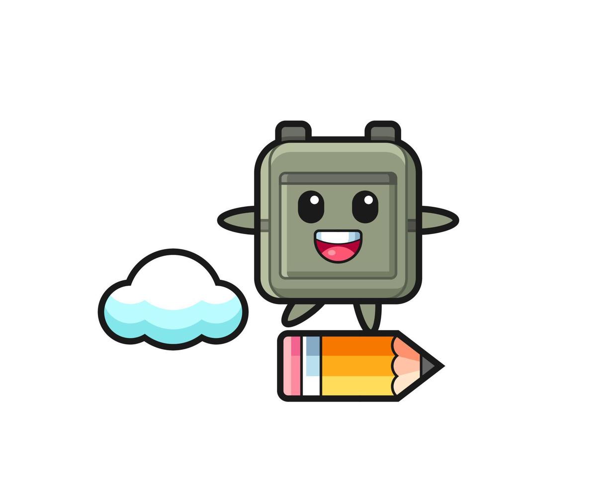 school bag mascot illustration riding on a giant pencil vector