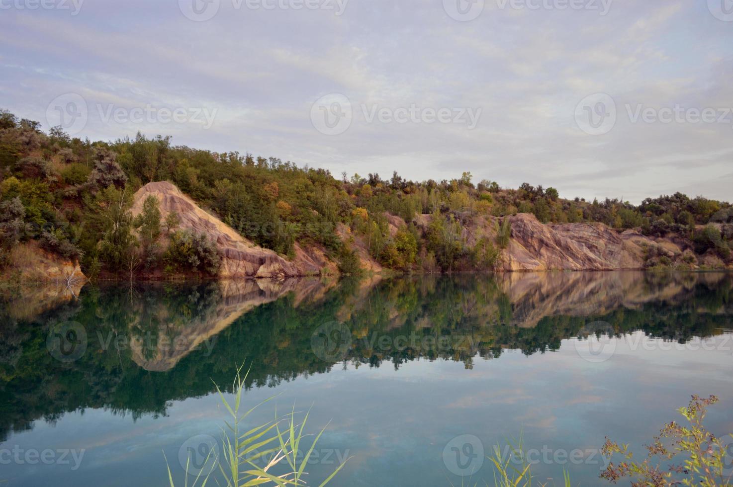 landscape on the water with a steep bank overgrown with trees and shrubs photo