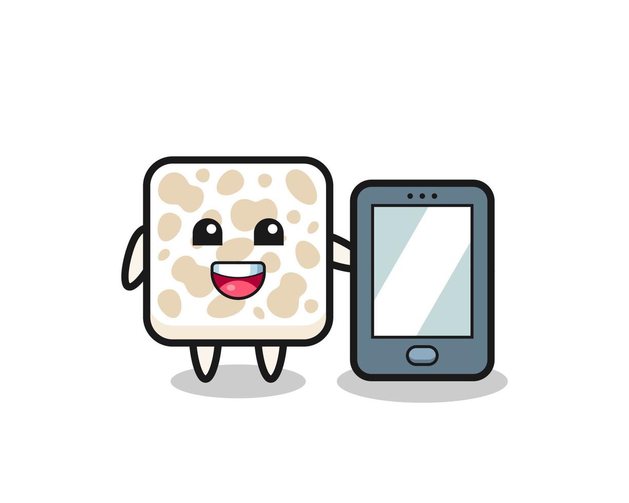 tempeh illustration cartoon holding a smartphone vector