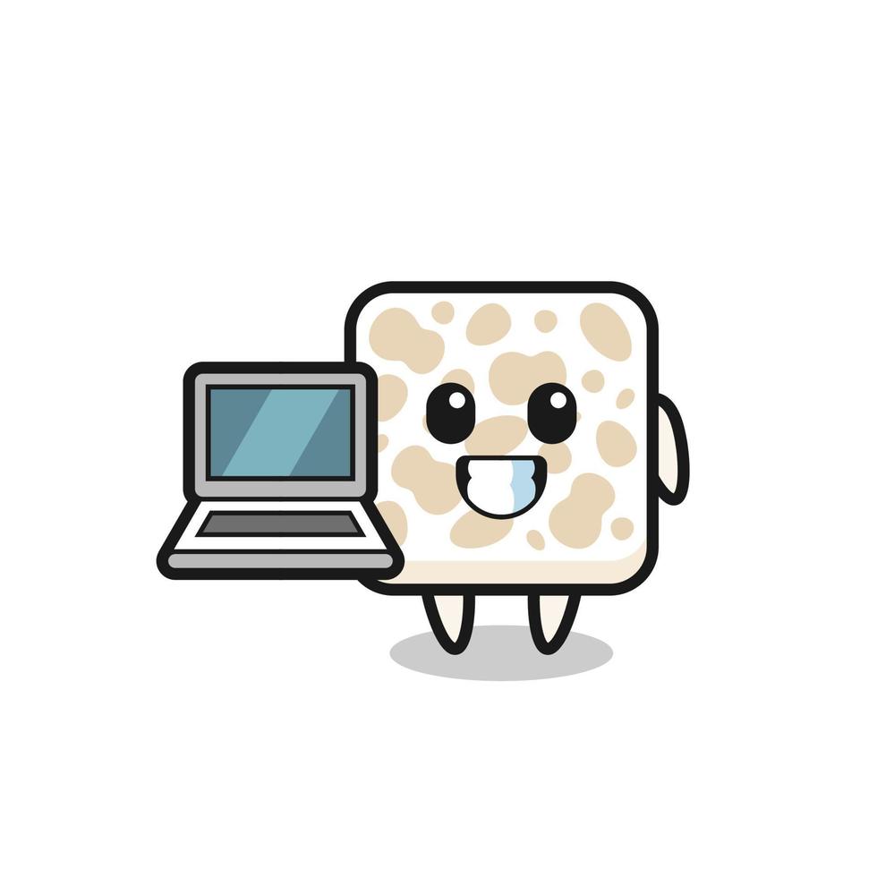 ilustración de mascota de tempeh con una computadora portátil vector