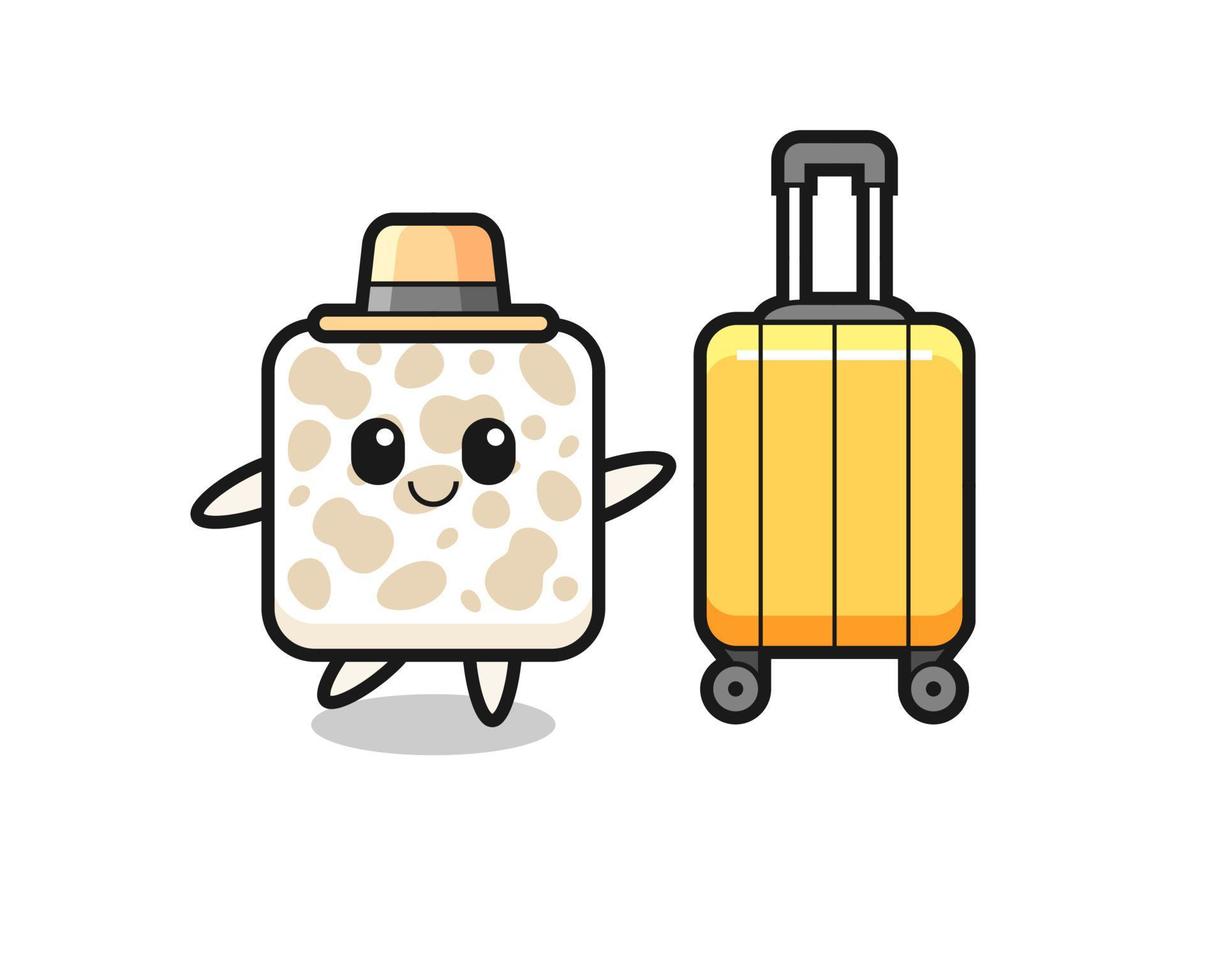 tempeh cartoon illustration with luggage on vacation vector