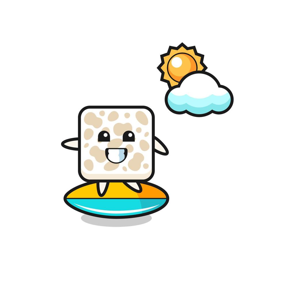 Illustration of tempeh cartoon do surfing on the beach vector