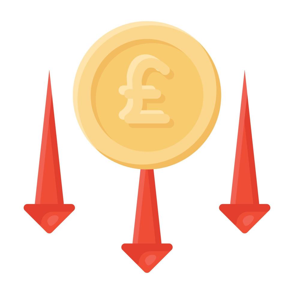 Euro coin with downward arrows showcasing euro rate fall concept vector