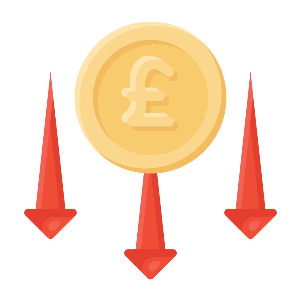 moneda de euro con flechas hacia abajo que muestran el concepto de caída de la tasa del euro vector