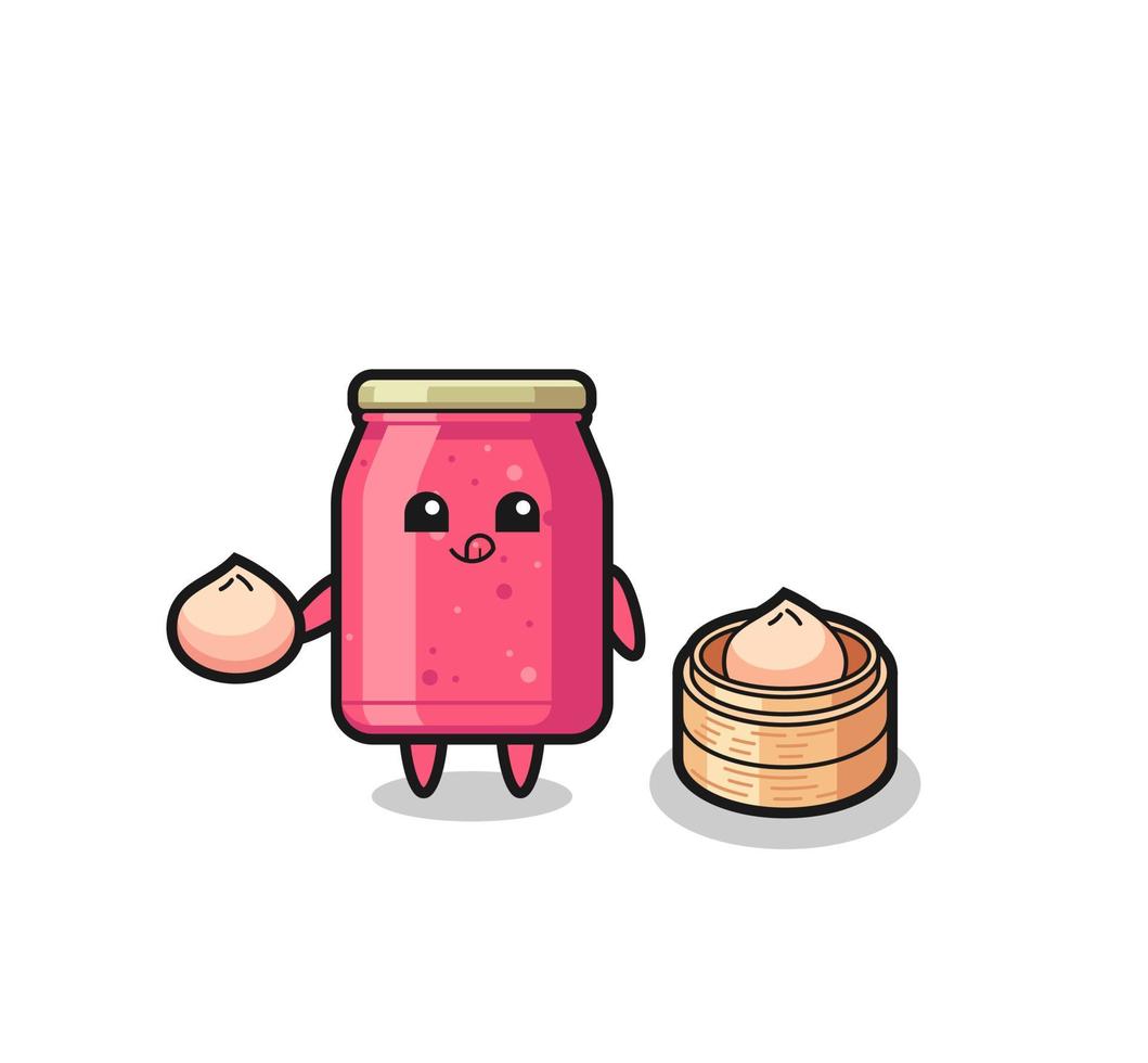 cute strawberry jam character eating steamed buns vector