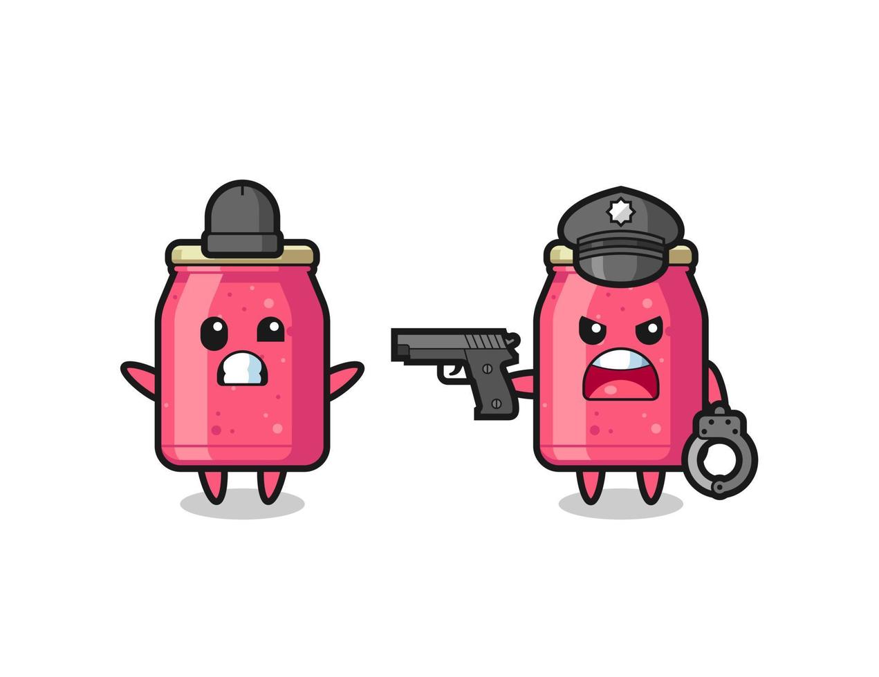 illustration of strawberry jam robber with hands up pose caught by police vector