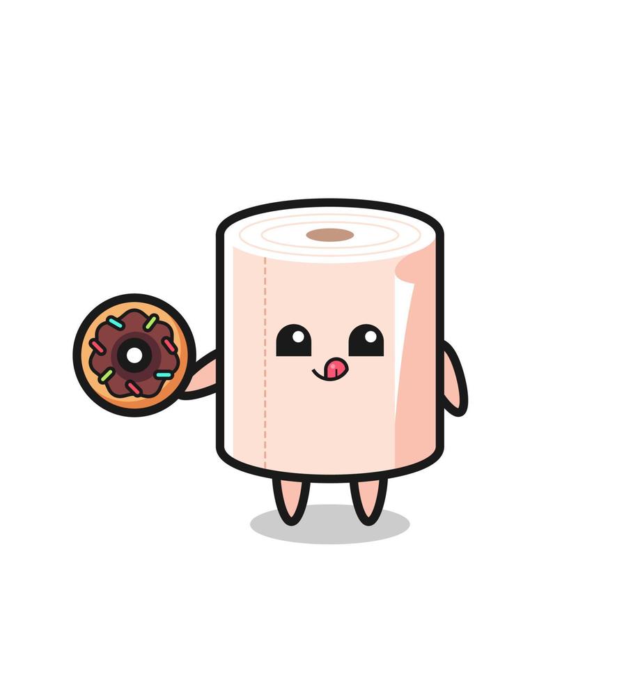 illustration of an tissue roll character eating a doughnut vector