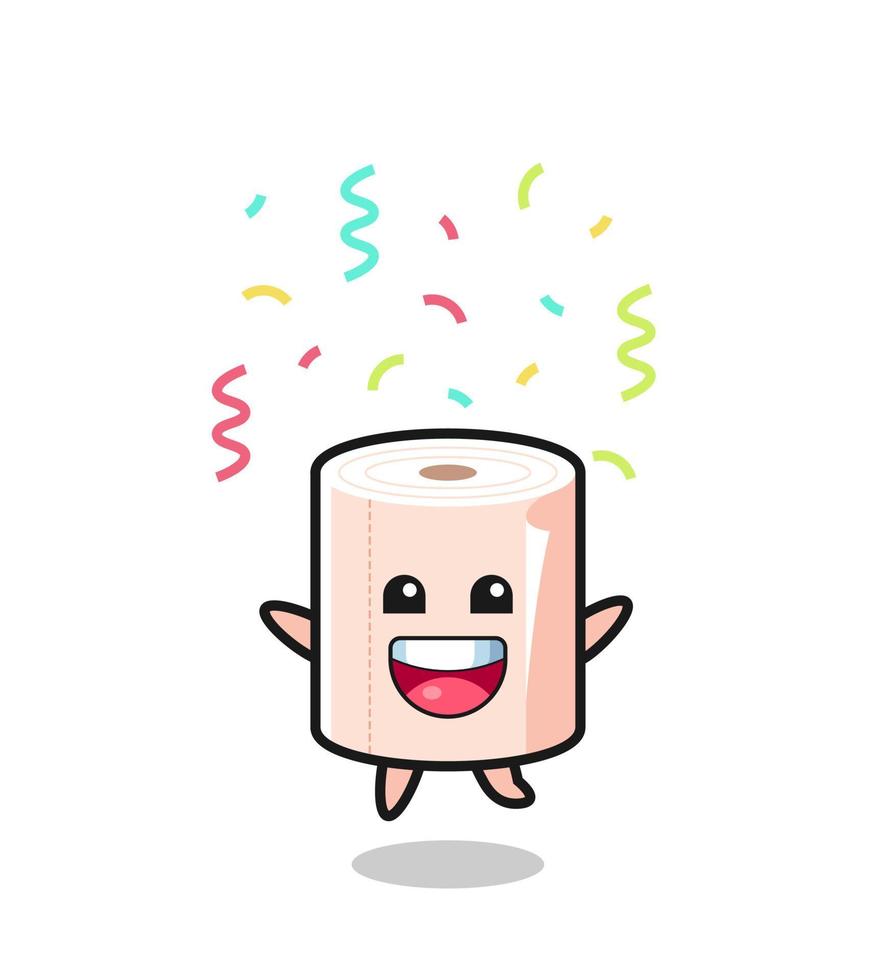 mascota de rollo de tejido feliz saltando para felicitaciones con confeti de color vector