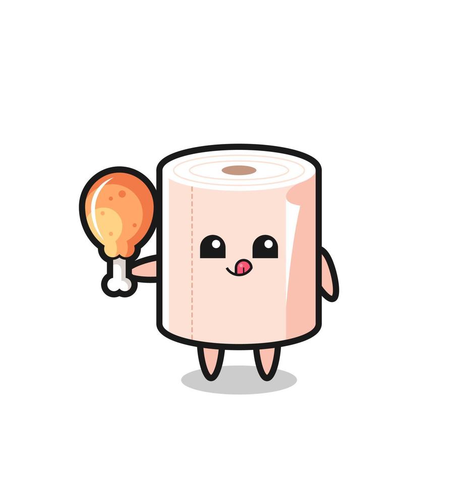 tissue roll cute mascot is eating a fried chicken vector