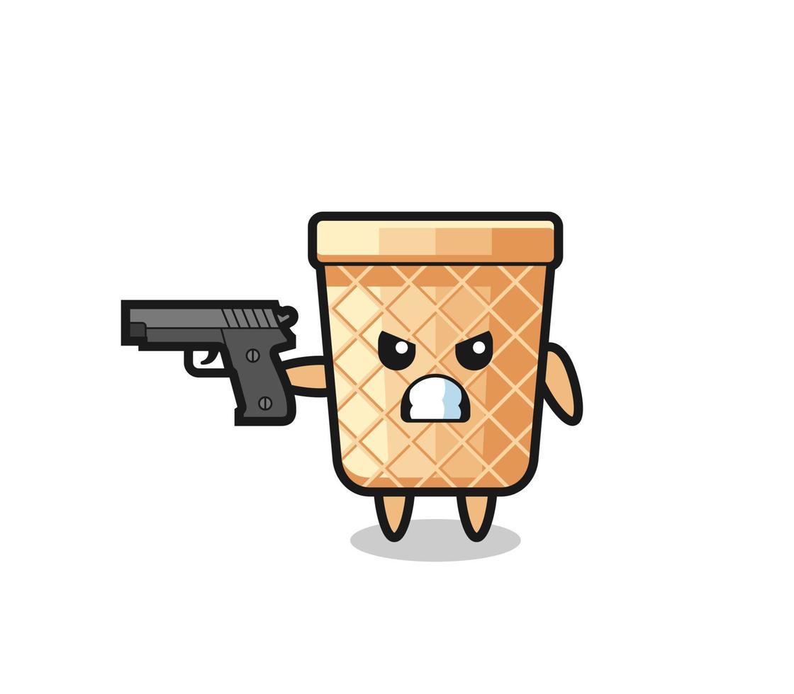 the cute waffle cone character shoot with a gun vector