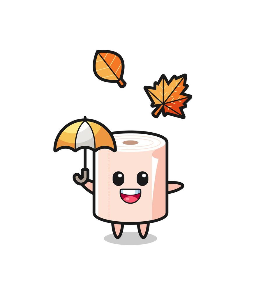 cartoon of the cute tissue roll holding an umbrella in autumn vector
