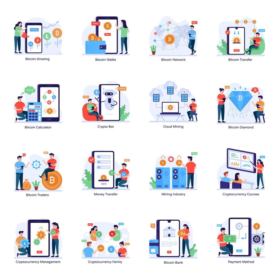 Pack of Bitcoin Technology Flat Illustrations vector