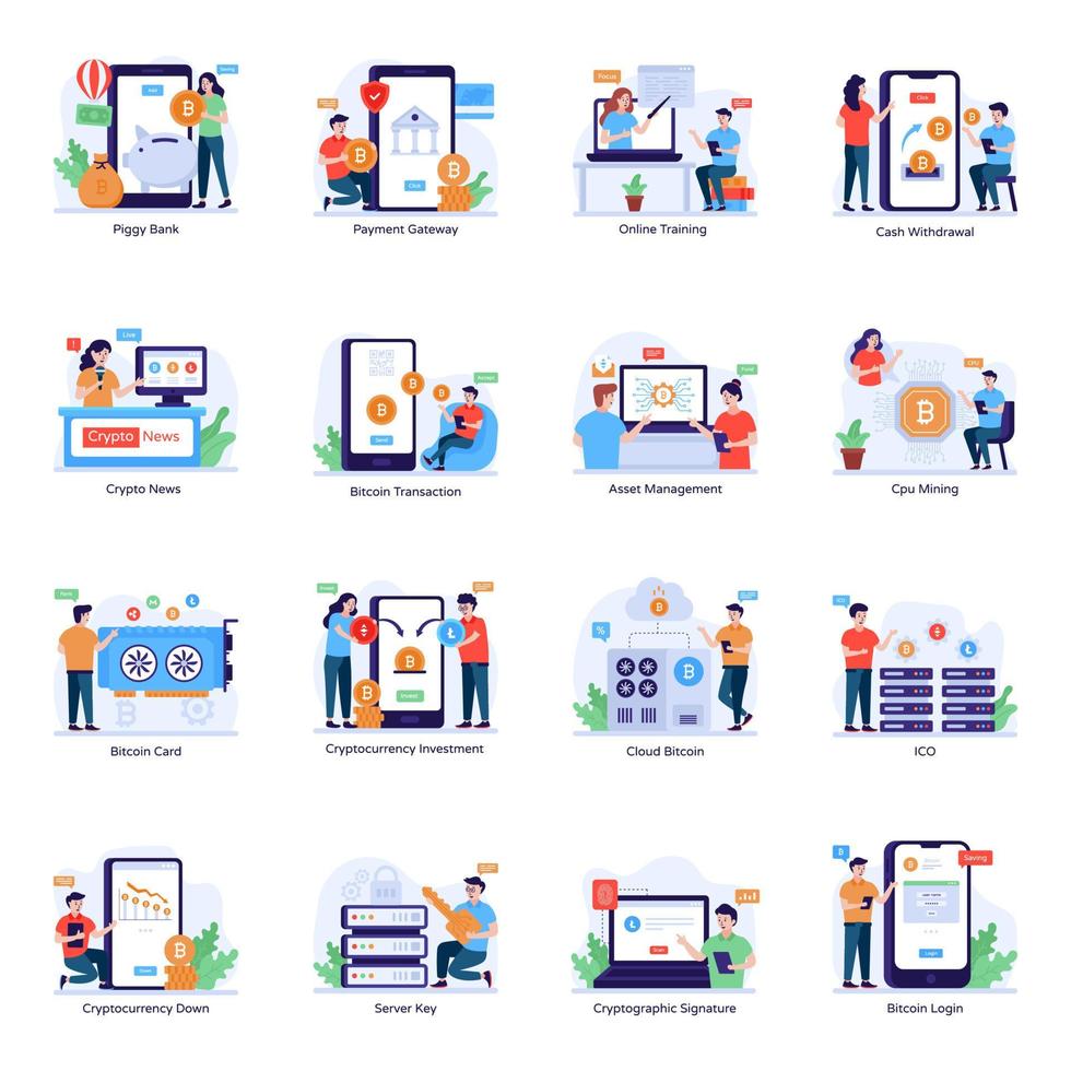 Collection of Bitcoin Trading Flat Illustrations vector