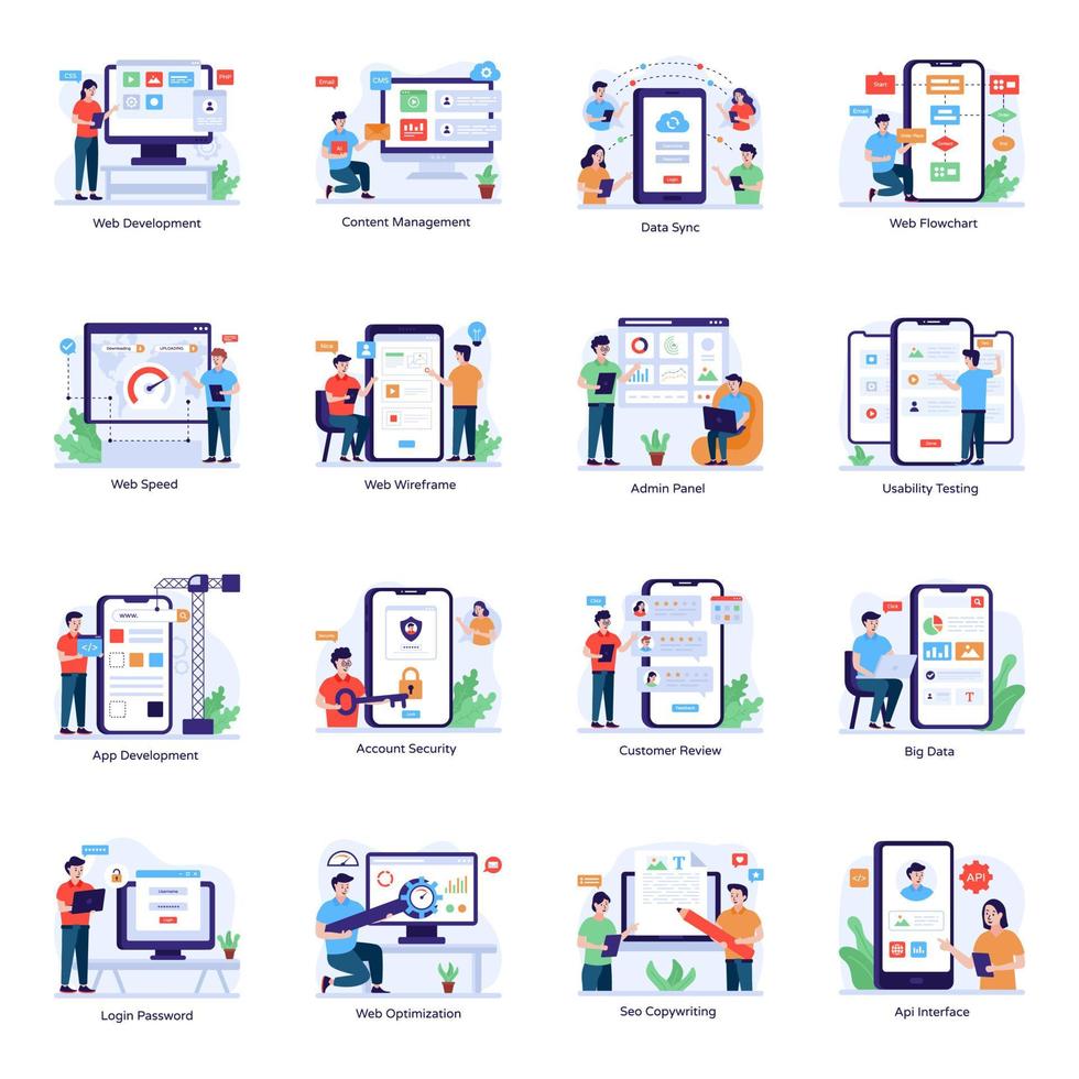 ilustraciones planas de desarrollo web y software vector