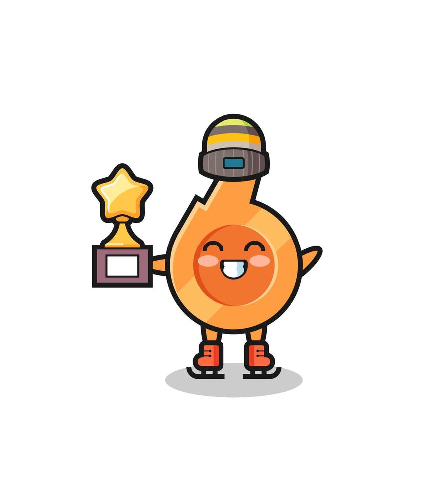 whistle cartoon as an ice skating player hold winner trophy vector