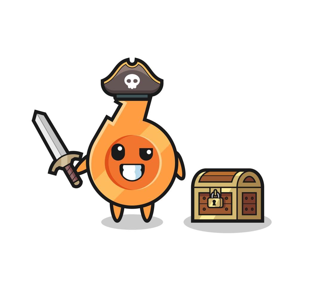 the whistle pirate character holding sword beside a treasure box vector