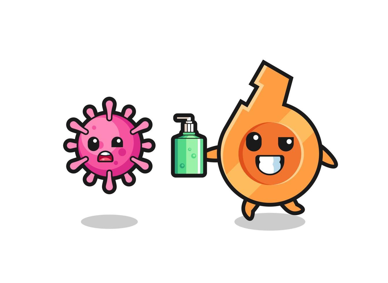 illustration of whistle character chasing evil virus with hand sanitizer vector