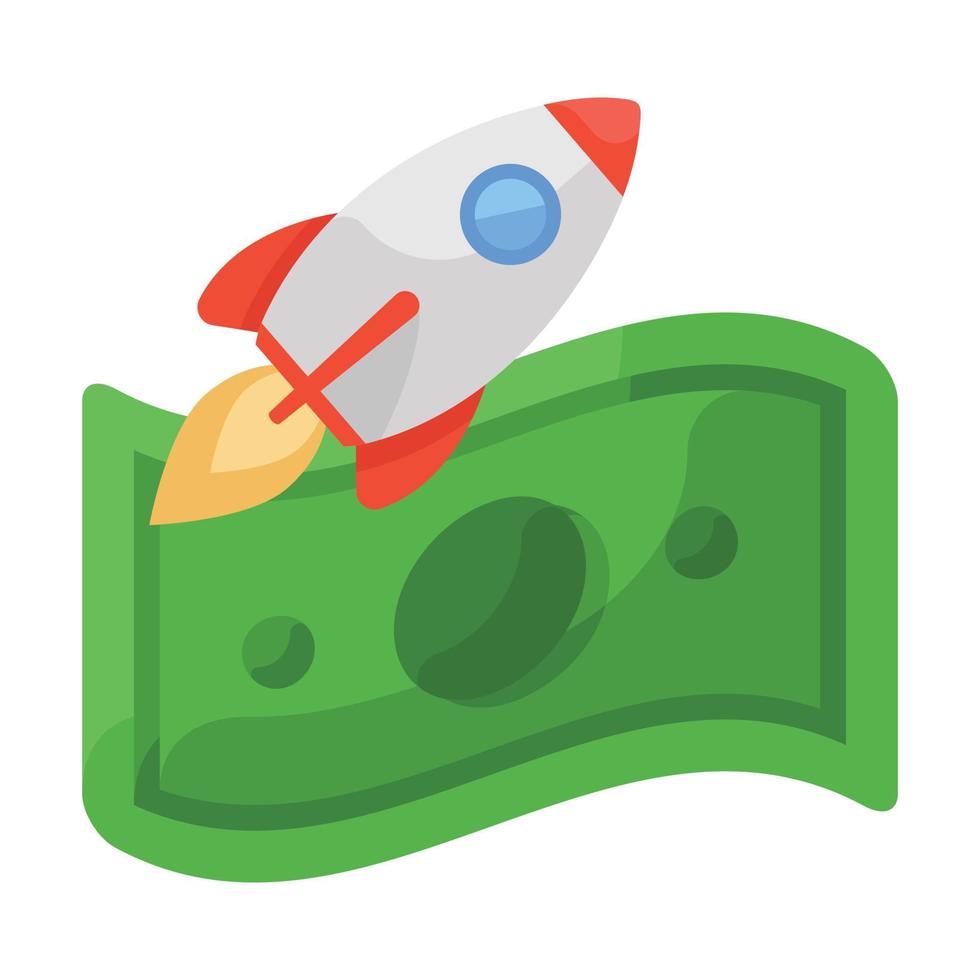 Banknote with rocket, startup investment icon vector