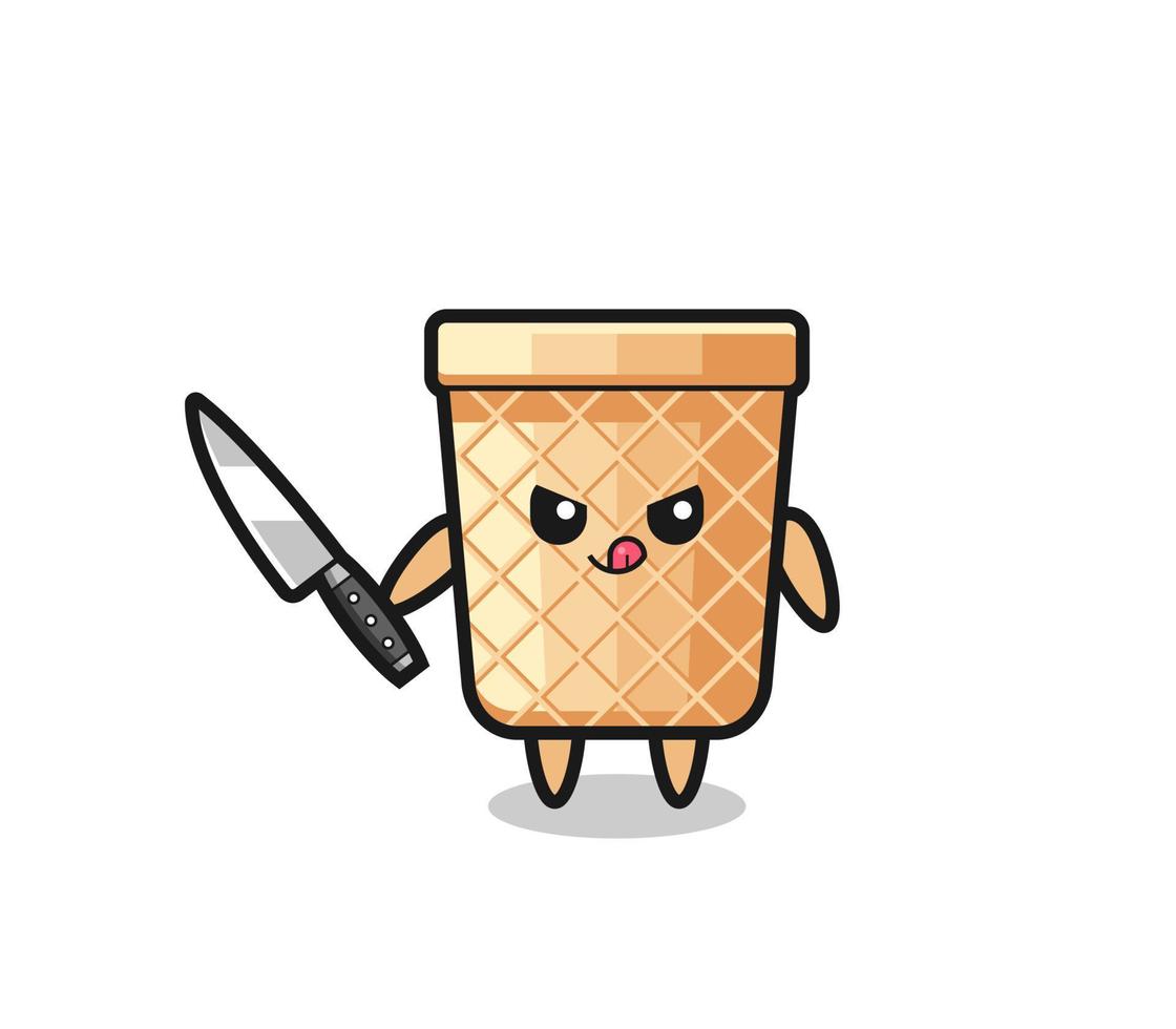 cute waffle cone mascot as a psychopath holding a knife vector