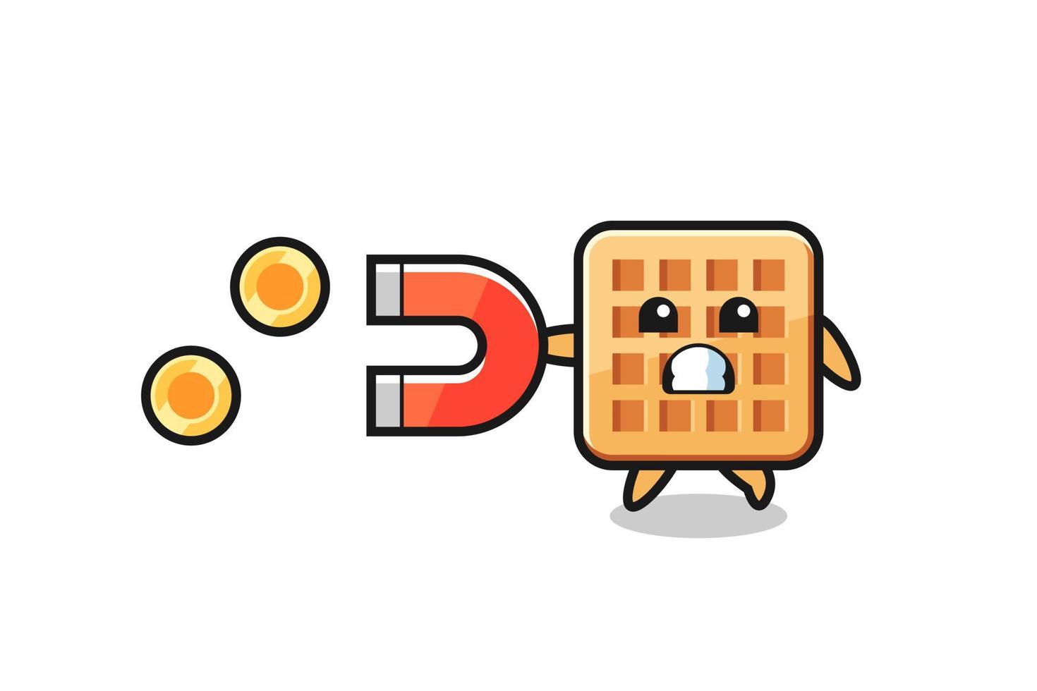 the character of waffle hold a magnet to catch the gold coins vector