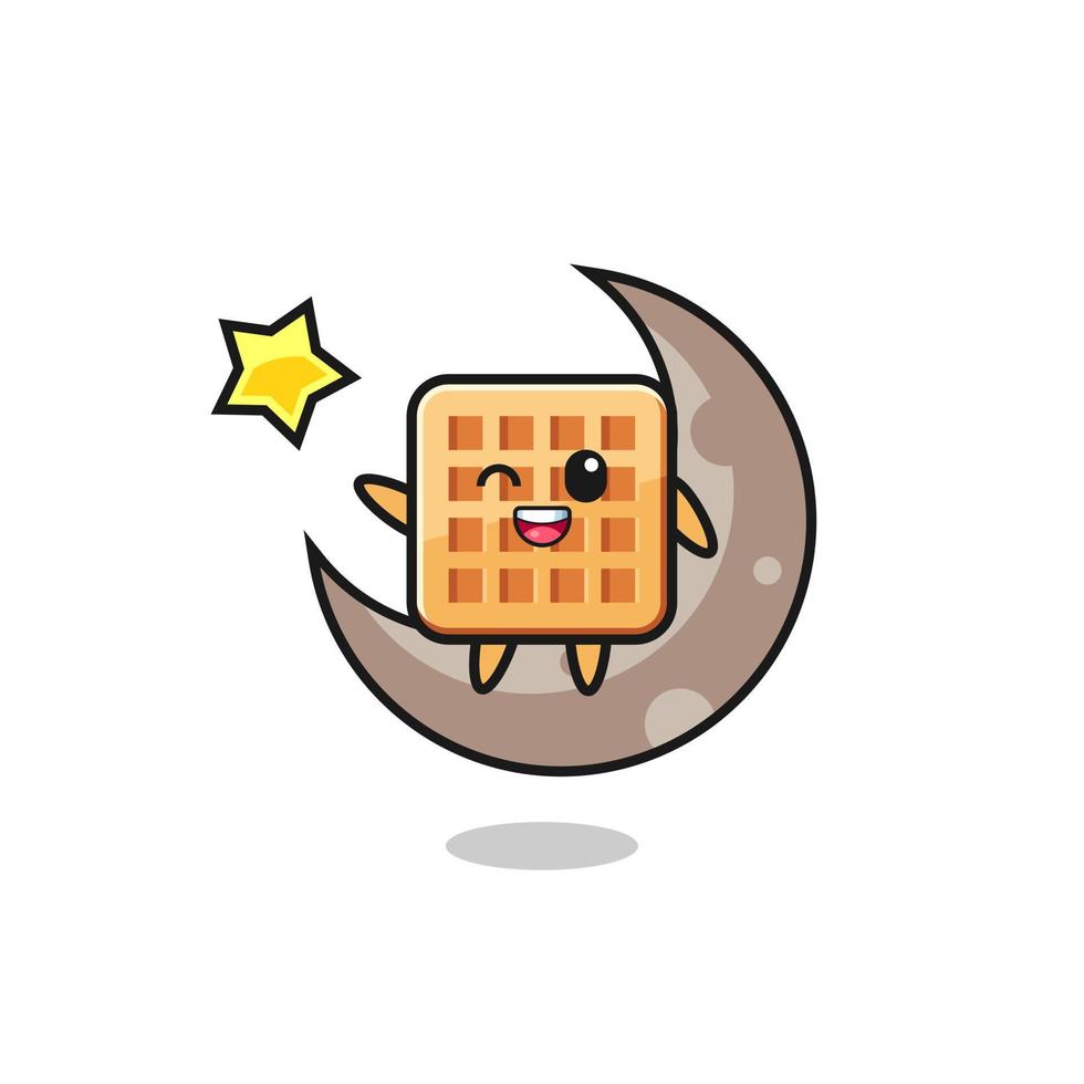 illustration of waffle cartoon sitting on the half moon vector