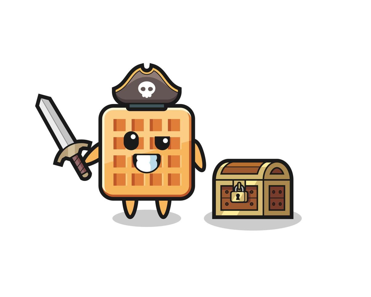 el personaje del pirata waffle sosteniendo una espada al lado de una caja del tesoro vector