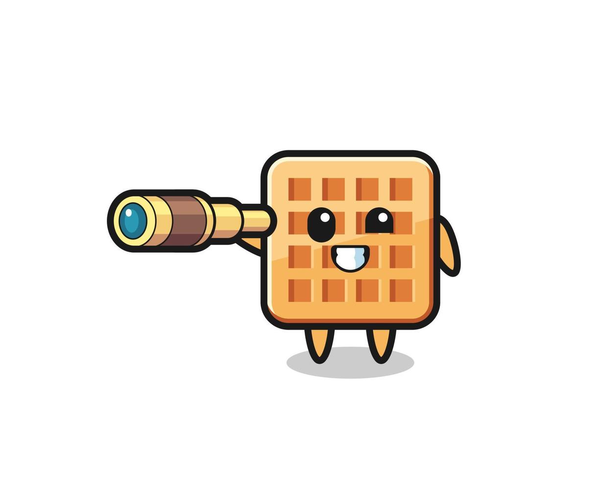 cute waffle character is holding an old telescope vector