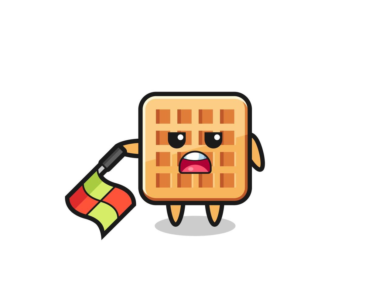 personaje de waffle como juez de línea mantenga la bandera hacia abajo en un ángulo de 45 grados vector