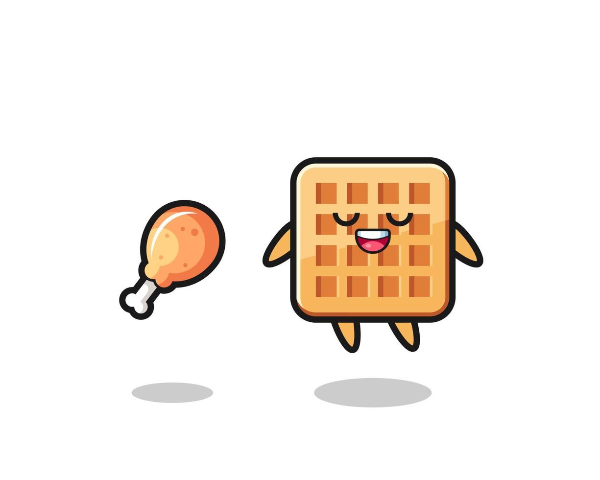 cute waffle floating and tempted because of fried chicken vector