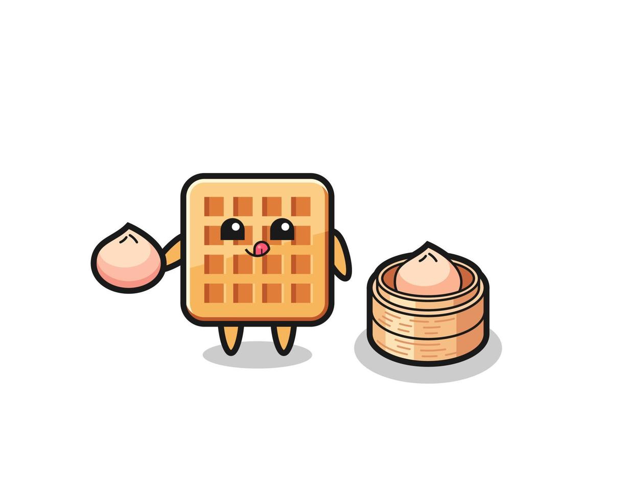 cute waffle character eating steamed buns vector