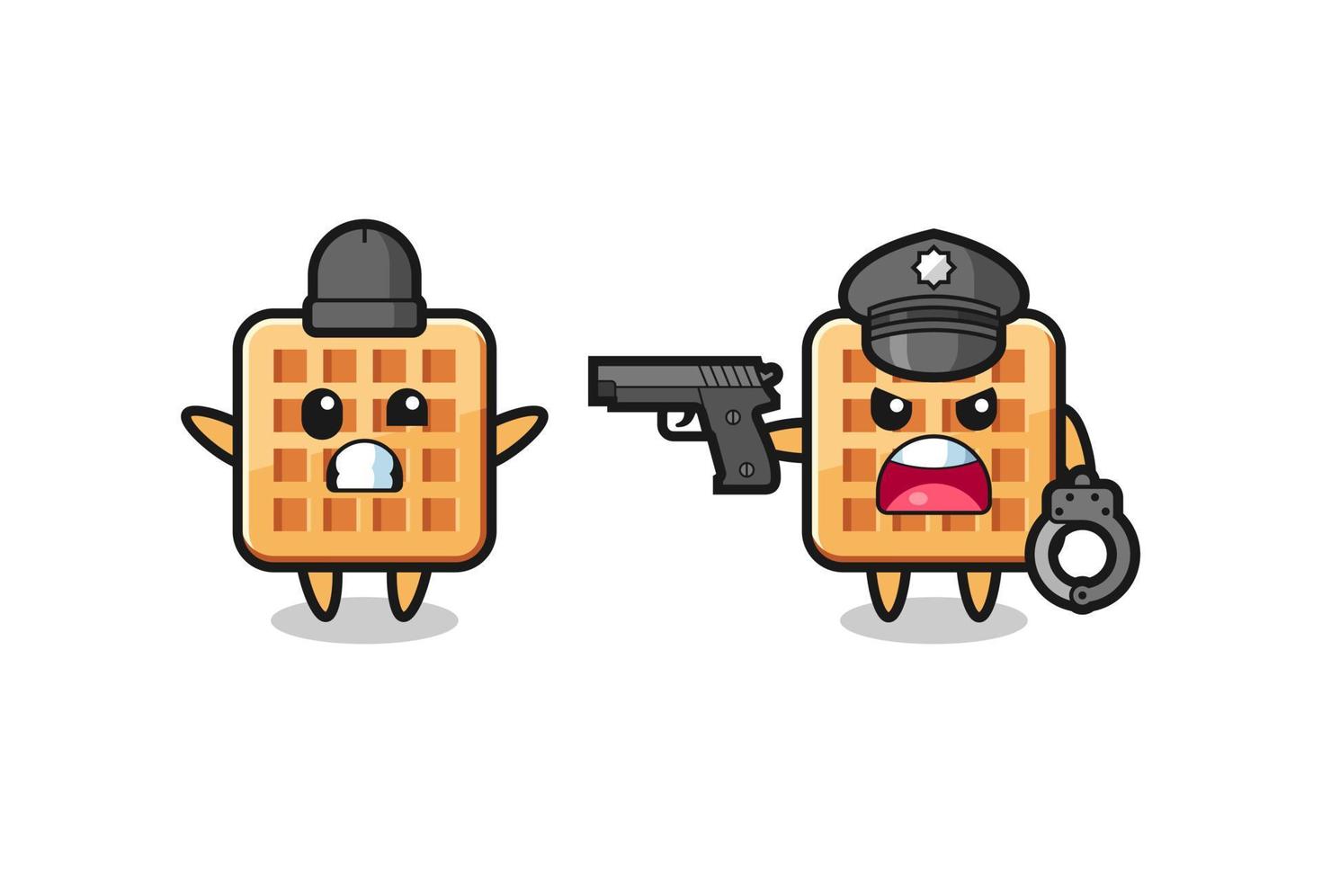 illustration of waffle robber with hands up pose caught by police vector