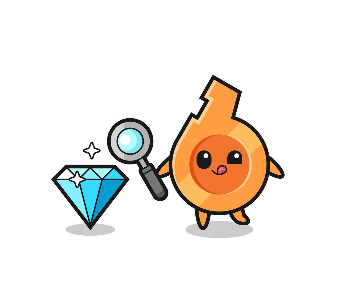 whistle mascot is checking the authenticity of a diamond vector