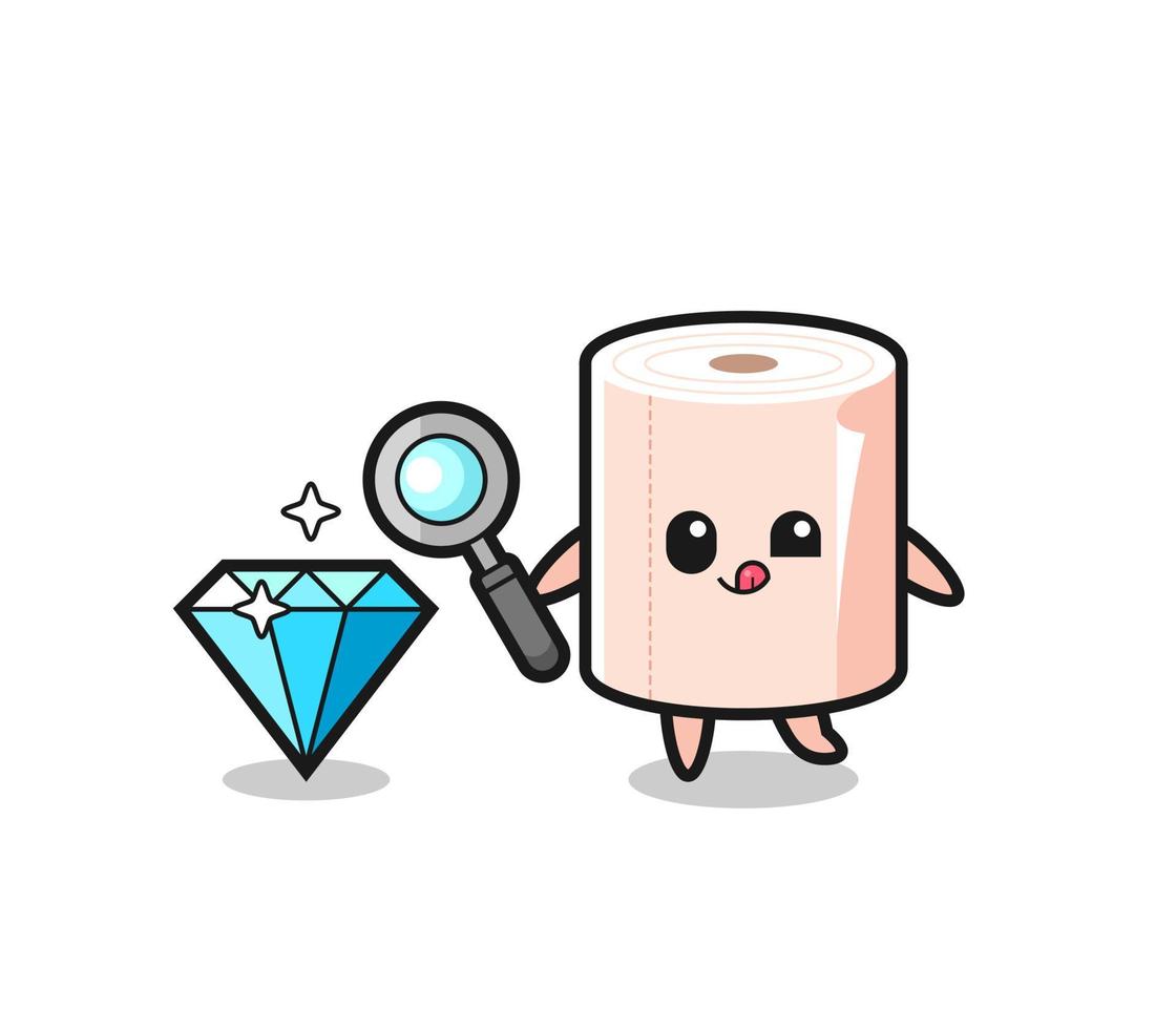 tissue roll mascot is checking the authenticity of a diamond vector