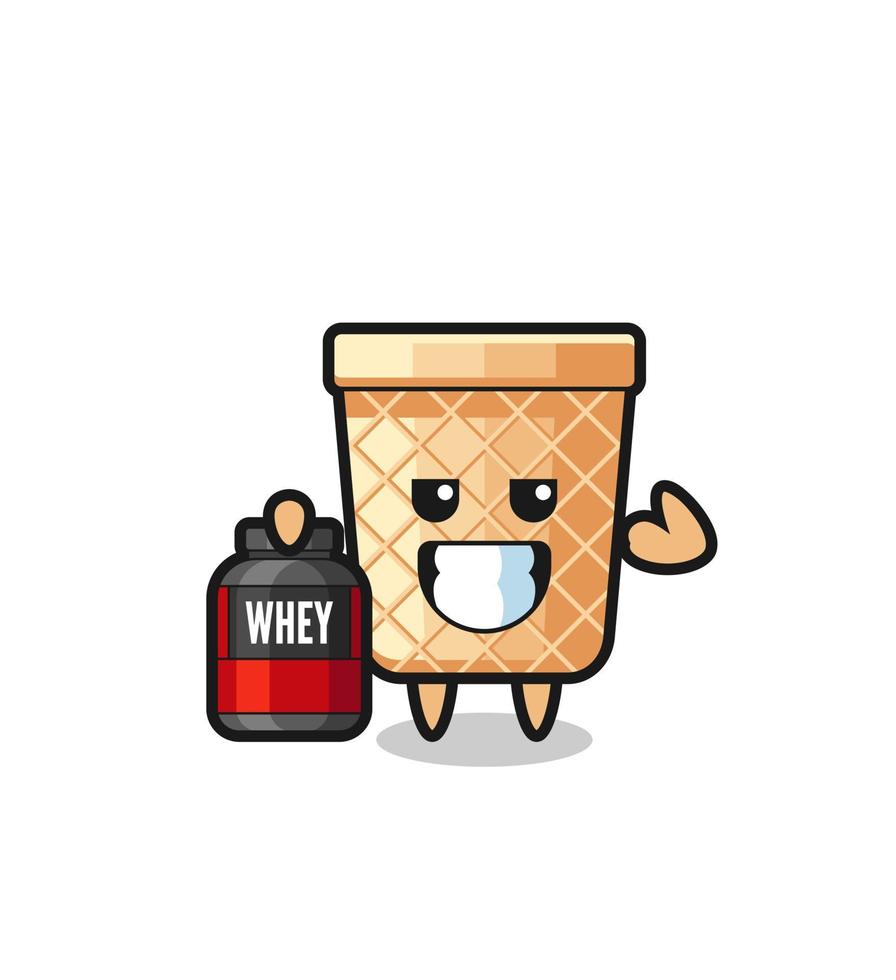 the muscular waffle cone character is holding a protein supplement vector