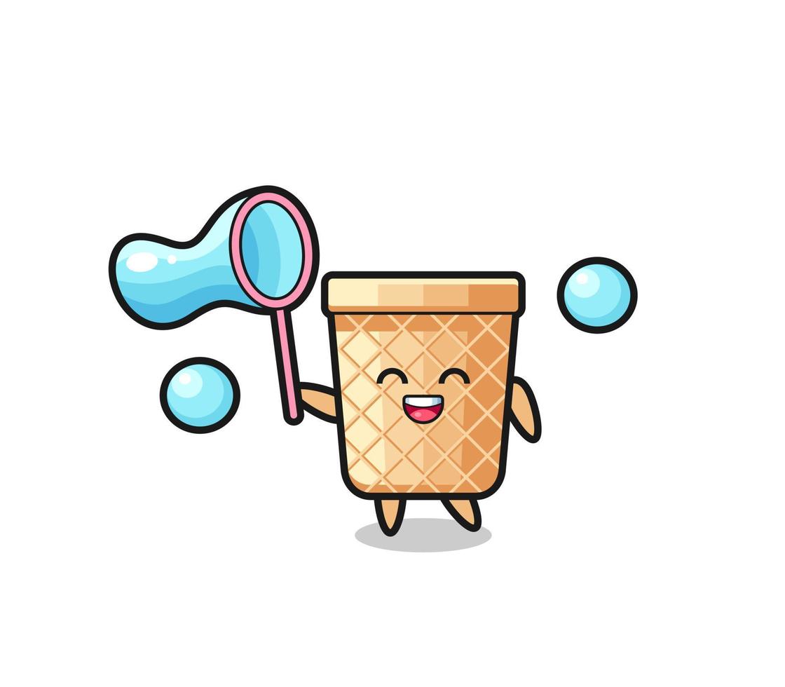 happy waffle cone cartoon playing soap bubble vector