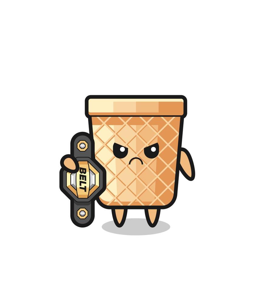 personaje de mascota de cono de waffle como luchador de mma con el cinturón de campeón vector