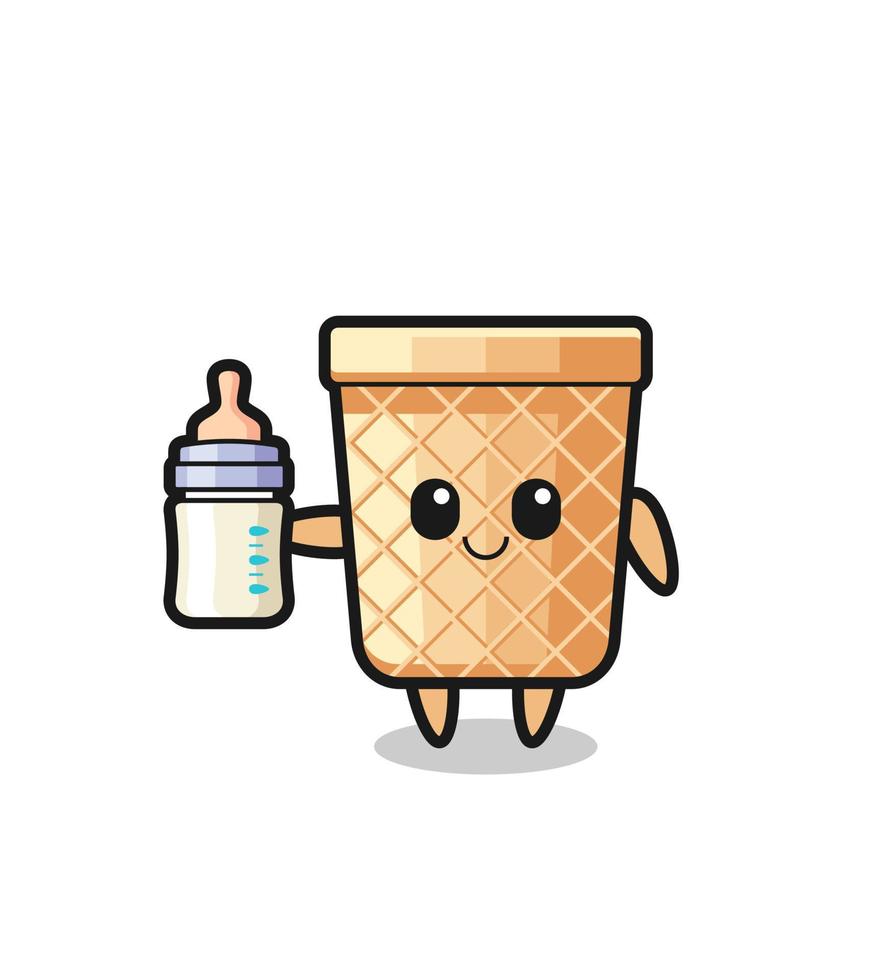 baby waffle cone cartoon character with milk bottle vector
