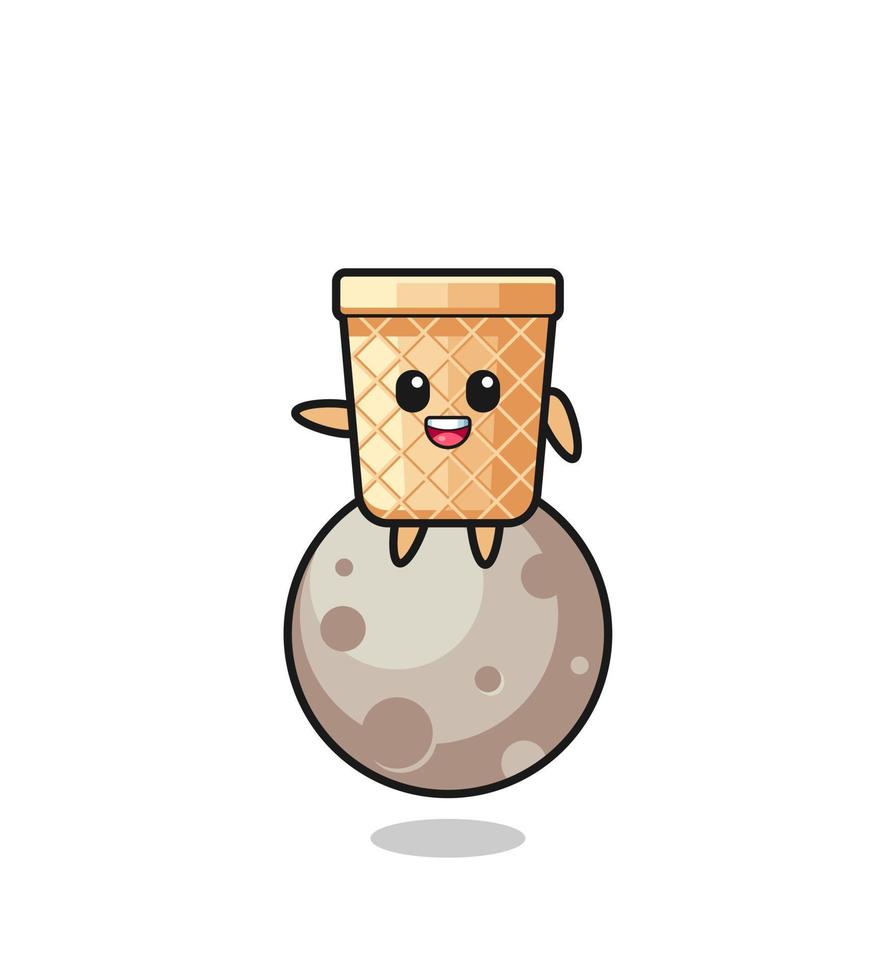 illustration of waffle cone cartoon sitting on the moon vector