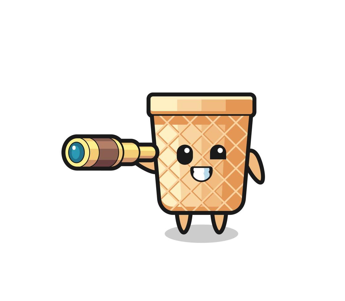 cute waffle cone character is holding an old telescope vector