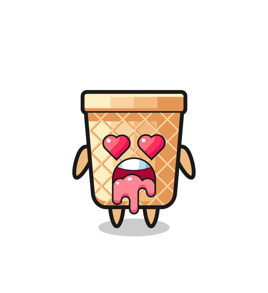 the falling in love expression of a cute waffle cone with heart shaped eyes vector