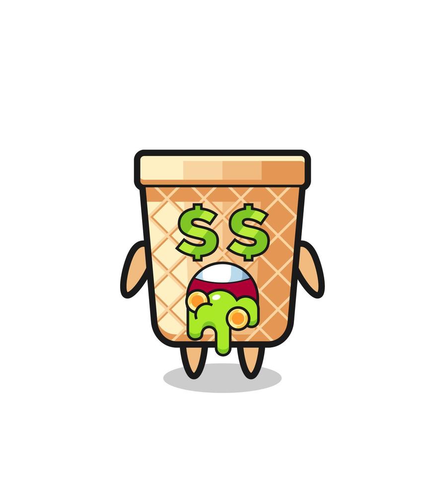 waffle cone character with an expression of crazy about money vector