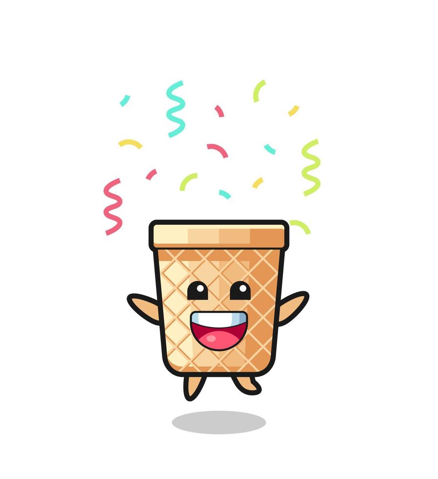 happy waffle cone mascot jumping for congratulation with colour confetti vector