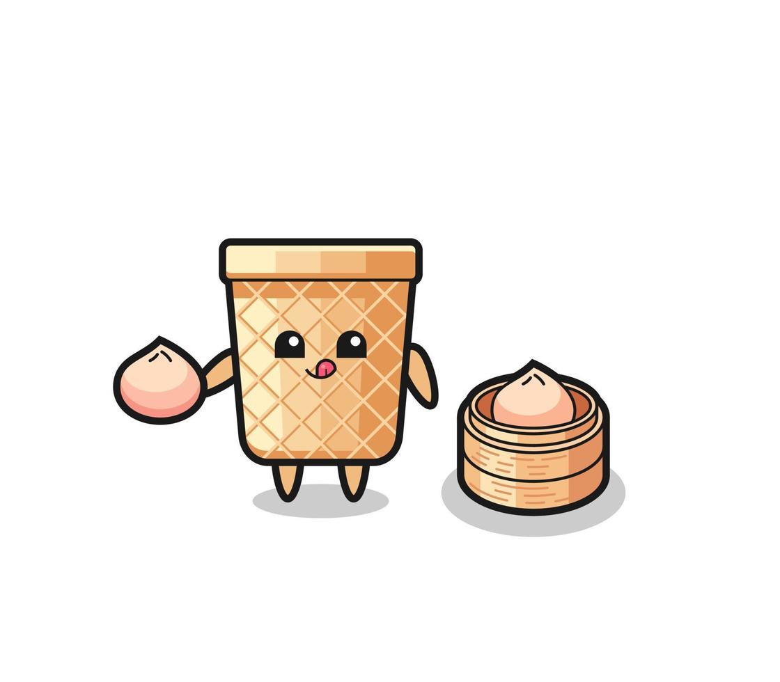 cute waffle cone character eating steamed buns vector