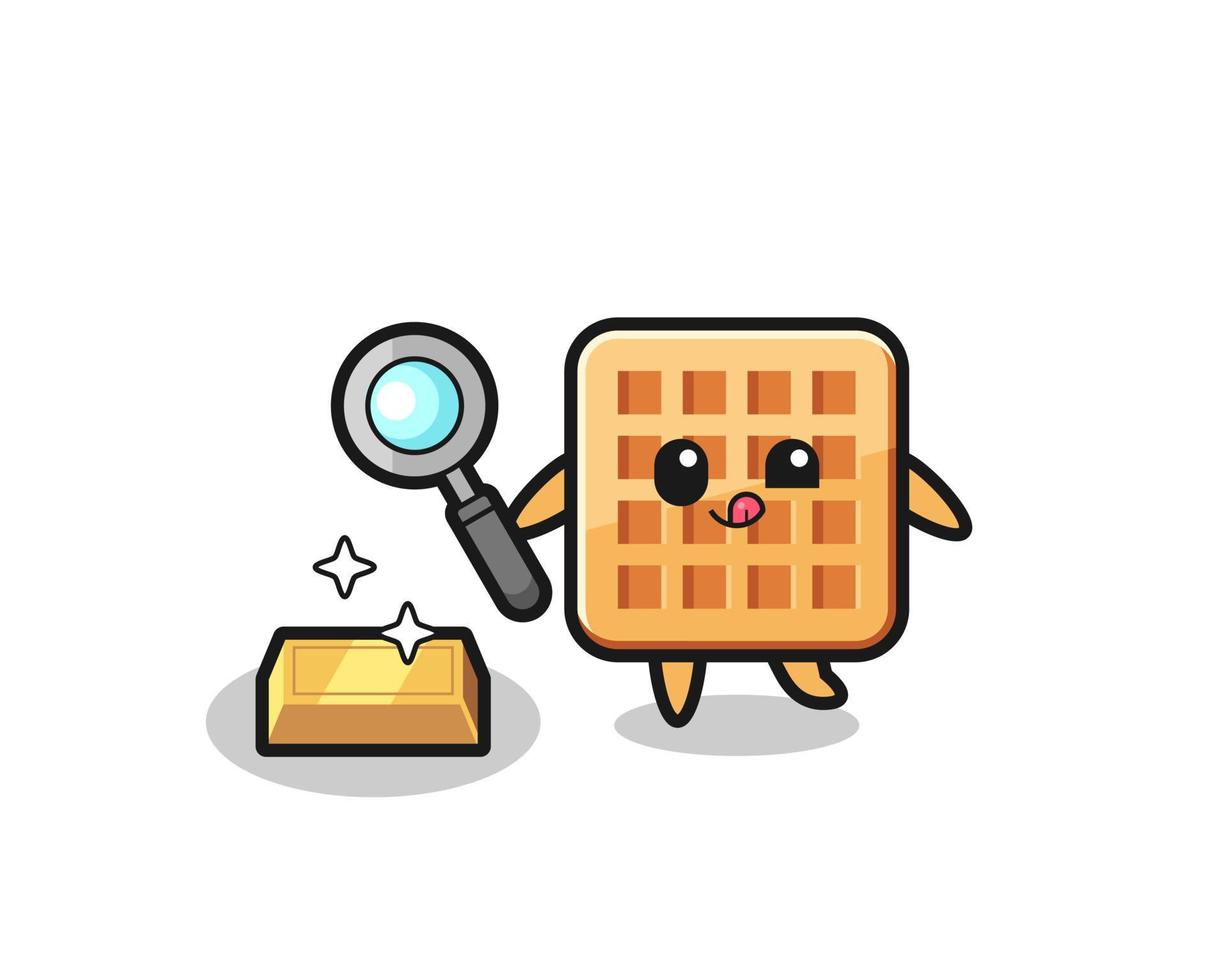 el personaje de waffle está comprobando la autenticidad del lingote de oro vector