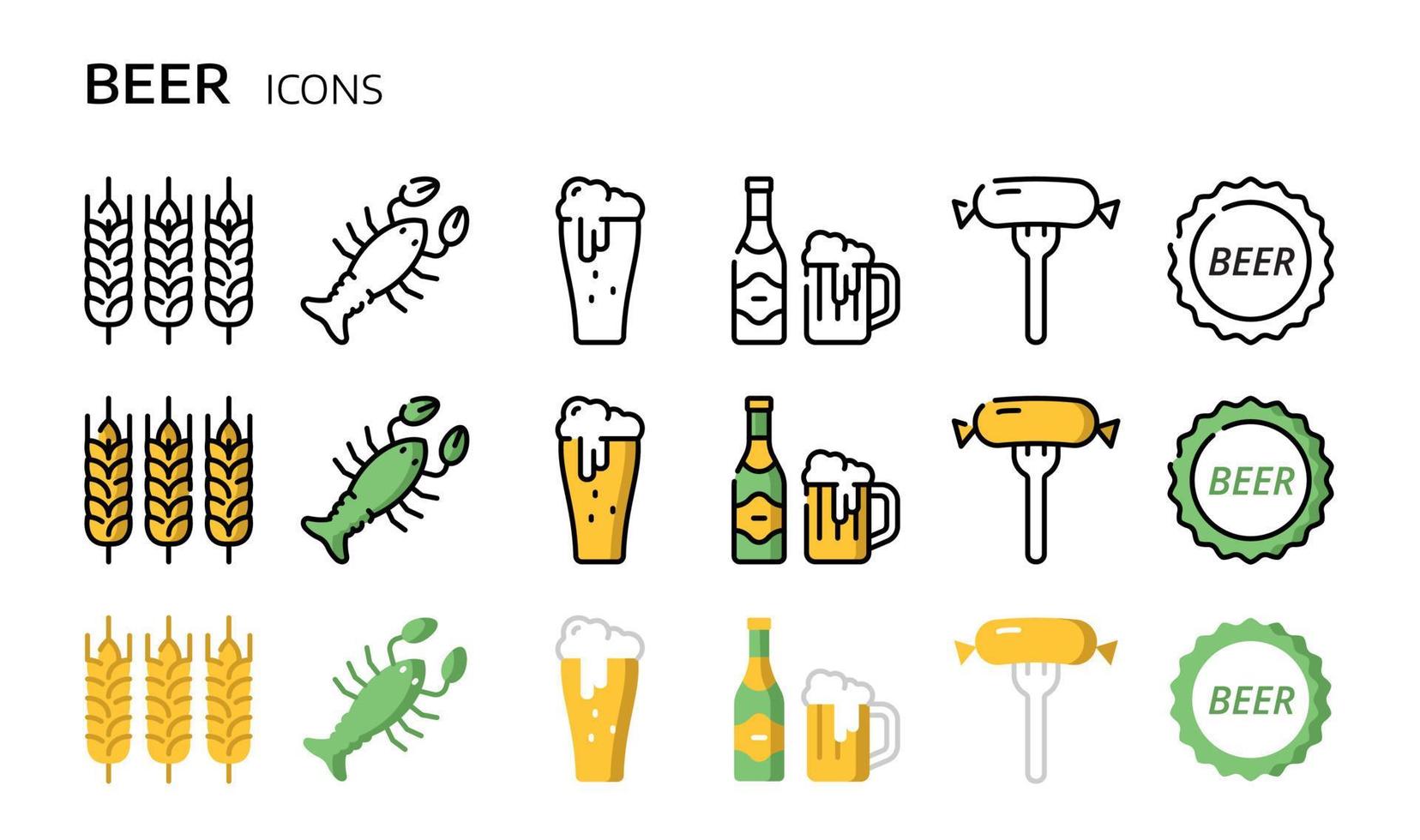 Beer icons set. Vector symbols in linear and flat style.