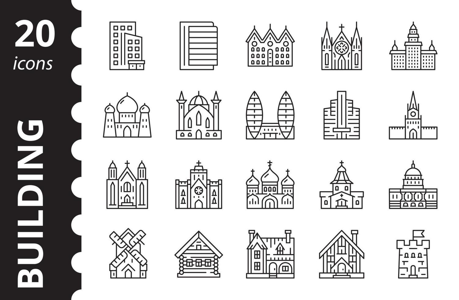 Buildings icons set. Vector linear symbol collection.