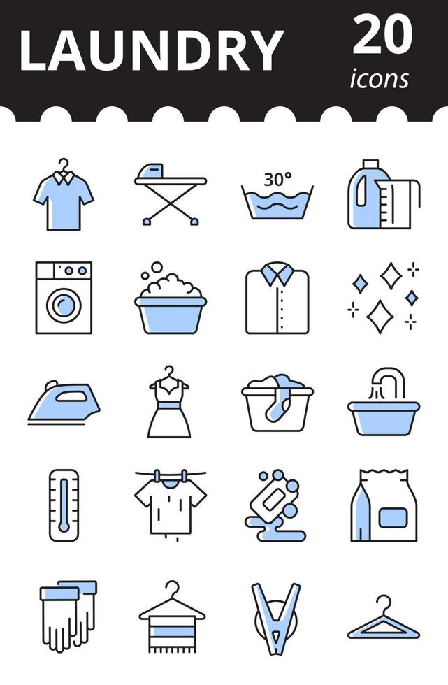 Laundry linear icons set. Concept of laundry service. Washing symbol collection in color. vector