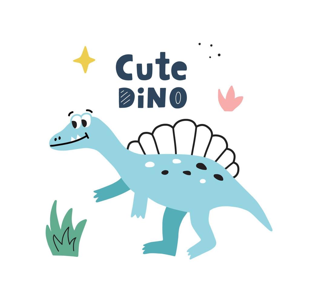 dinosaurio en estilo dibujado a mano de dibujos animados. lindas letras escritas a mano de dino. carácter vectorial. vector