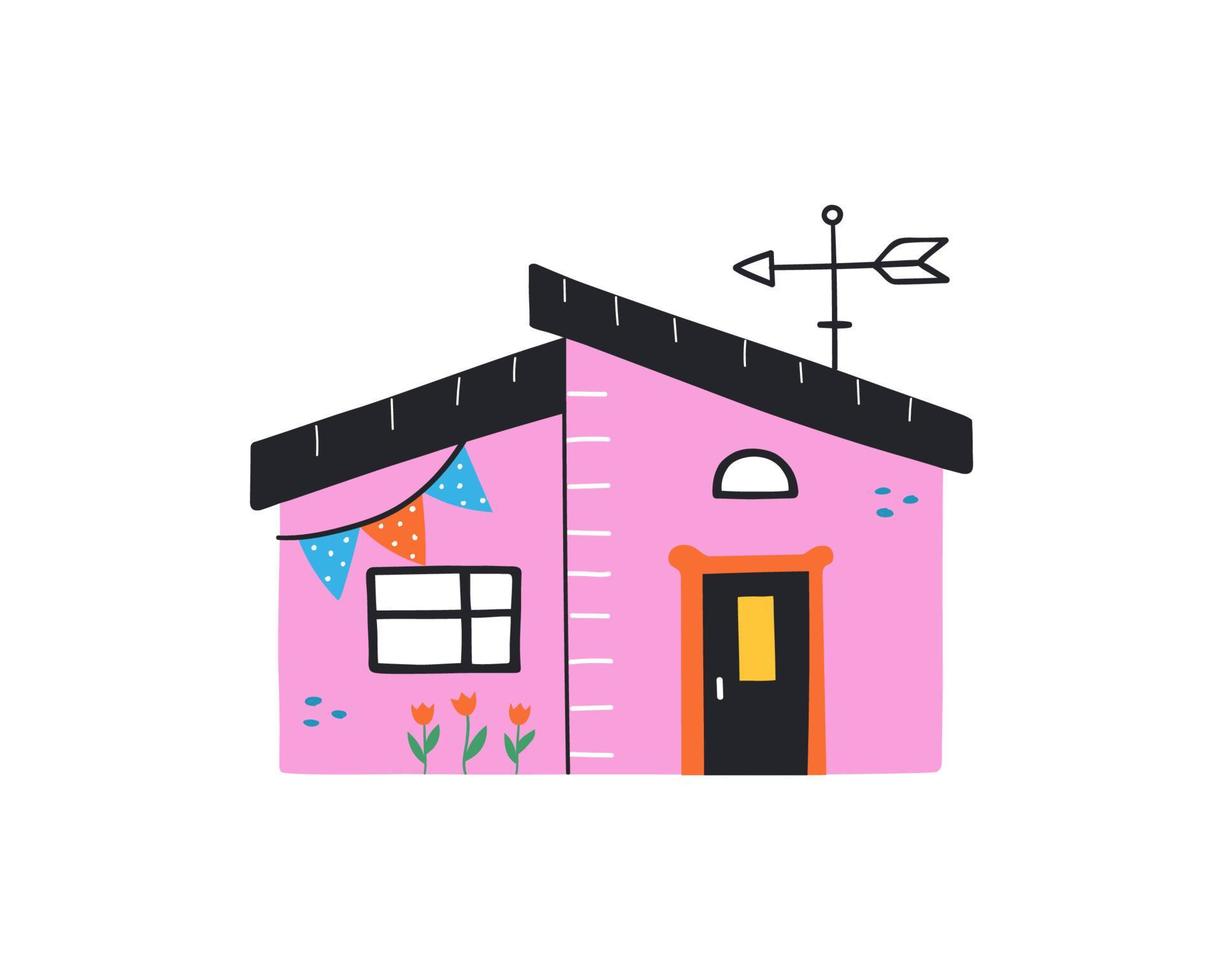 Cute pink little home. Hand drawn trendy house illustration. vector