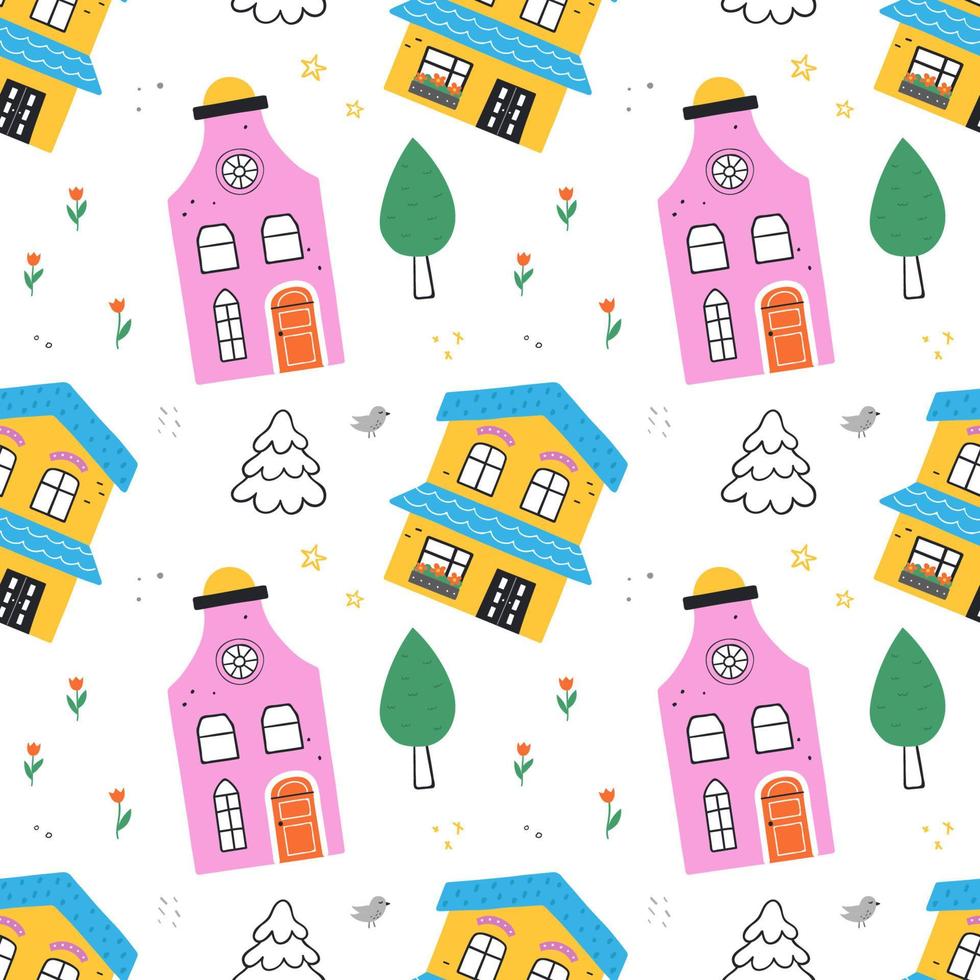 Seamless pattern with cute houses, trees, flowers. Perfect for fabric, textile, wallpaper. Vector Illustration.